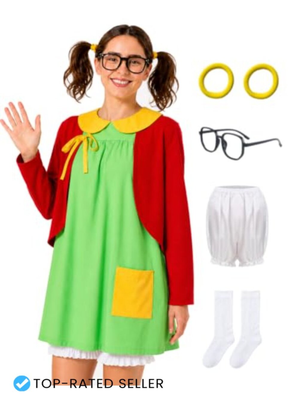 Complete Adult Halloween Costume Set Dress Shorts Socks Glasses Hair Ties
